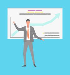 Whiteboard with infographics rising arrow vector. Male wearing formal suit, talking about conducted research, businessman giving presentation on meeting