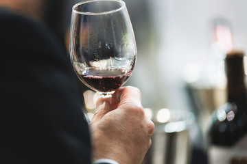 Elegant man  holding a glass of red wine in the restaurant or during social party (reduced tones)