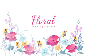 Vector floral background. Frame with garden flowers. Pink, blue, yellow pastel flowers isolated on white background. For cards, templates,  romantic, Valentines and Easter design, announcements.