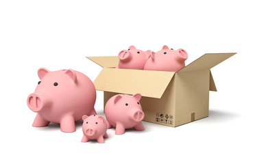 3d rendering of pink ceramic piggy banks in carton box.