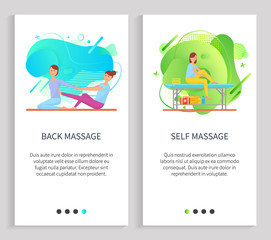 Back and self massage, women characters massaging, females sitting on floor or table, doing acupressure or stretching therapy, masseuse vector. Website or slider app, landing page flat style