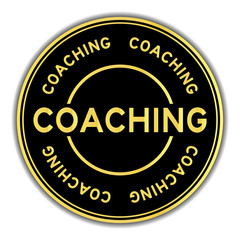 Gold color coaching word round sticker on white background