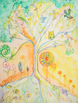 Tree of life with flock of birds. The dabbing technique near the edges gives a soft focus effect due to the altered surface roughness of the paper.