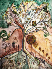Fresco of tree of life with flock of birds. The dabbing technique near the edges gives a soft focus effect due to the altered surface roughness of the paper.