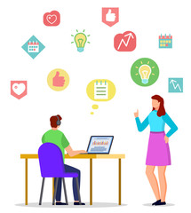 Distant online education, student learning through laptop, teacher and web icons isolated character vector. Studying materials, teaching and studying. Knowledge and development courses illustration