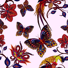 Watercolor seamless pattern with paisley flowers, butterflies and birds in ethnic style. Floral decoration. Traditional paisley pattern. Textile design texture.Tribal ethnic vintage seamless pattern.