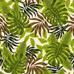 Trend seamless pattern. Tropical leaves and plants on white background. Illustration in Hawaiian style. Jungle leaves. Botanical pattern. Vector background for various surface. Exotic wallpaper.