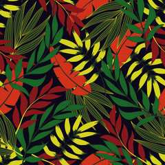 Colorful tropical pattern with leaves and plants on dark background. Seamless exotic pattern with tropical plants. Vector background for various surface. Trendy summer Hawaii print.  Floral pattern.