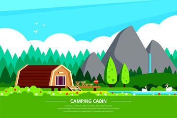 Naklejka premium Camping cabin banner design, flat style illustration