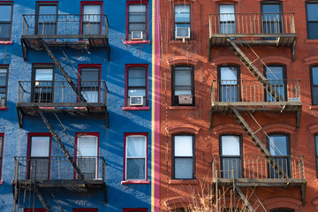 Old Blue and Red Brick Buildings in the East Village of New York City with Fire Escapes