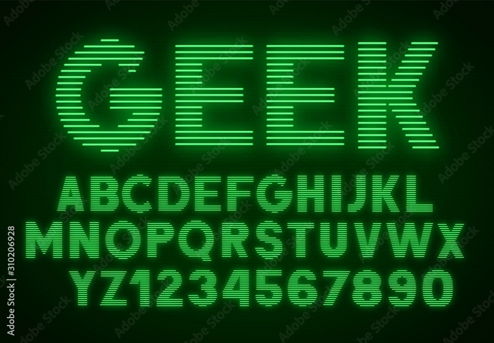 Fototapete retro green front. striped glowing letters and numbers on dark background .