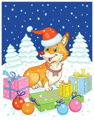 Merry Christmas! A funny Corgi dog in a red cap with gift boxes and glass balls sits in a winter night glade. In cartoon style. Vector illustration.