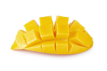 Mango cubes and slices Isolated on white background
