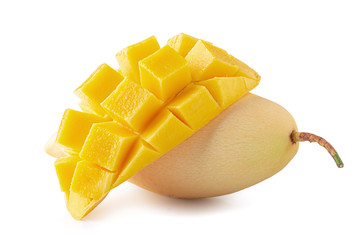 Mango fruit with mango cubes and slices Isolated on white background