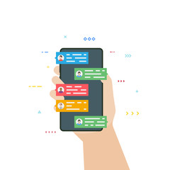 Messaging concept. Hand holding smartphone with chatting people. Chat text bubbles on phone screen. Social chat and texting banner with abstract lines.