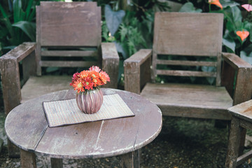 flower vase decorating on table in garden