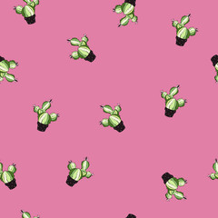 Seamless cactus pattern. Repetitive hand draw objects of green, rose, yellowish and black colors.