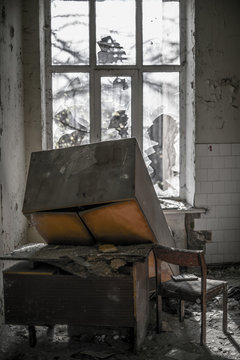 Impact Of Destruction In Danger War Zone In Syria Empty Abandoned Place Room With Demolition Furniture And Broken Window