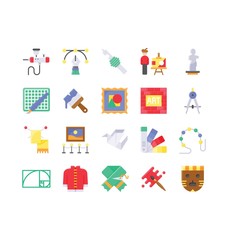 art and craft related pen tool, face mask, sculpture, color brush, color gun, and needle scarf vector with flat design