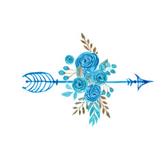 Watercolor hand drawn boho arrow with flowers roses and golden blue leaves.