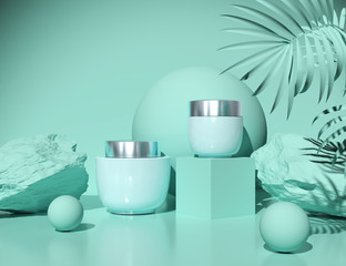 natural cosmetic blank bottle packaging in Abstract blue background beauty and spa concept,3d rendering.