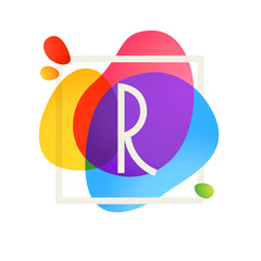 R letter logo in square frame at watercolor splash background.