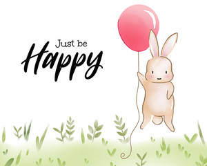 Paper craft of water color rabbit with balloon greeting card.