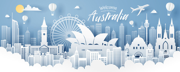 Paper cut of Australia landmark, travel and tourism concept.