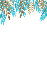 Vertical background with watercolor hand drawn golden and blue branches. Watercolor background.