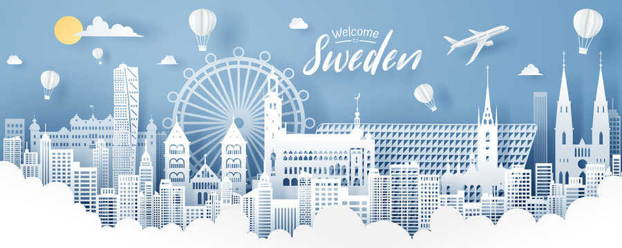 Paper cut of sweden landmark, travel and tourism concept.