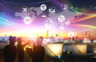 Silhouette of the engineering team is working at the oil refinery and icons connecting networking using industry concept