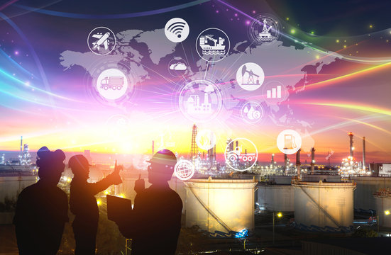 Silhouette of the engineering team is working at the oil refinery and icons connecting networking using industry concept