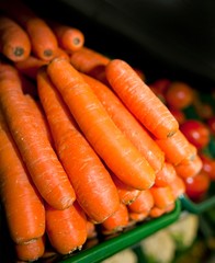 Close-up of fresh carrots in supermarket