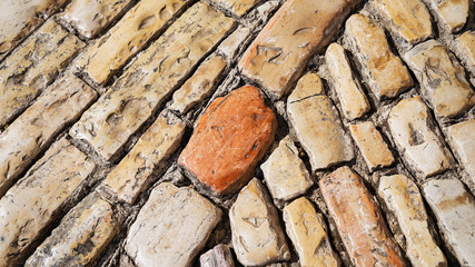 Stone pavement texture. Old cobble stoned pavement background. Details. Jerusalem, Israel. 16:9 panoramic format