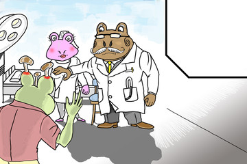 キノコが頭部に生えてきて不安になり、近くのカエル先生の病院で診察を受ける様子を描きました。