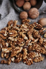 Walnuts on a grey linen background macro 