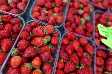 Close-up of fresh strawberries on display in store