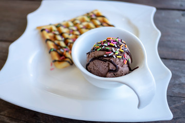 Waffle in white dish and chocolate ice-cream with sugar flakes.