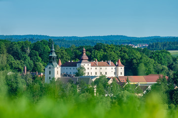 Renaissance Castle and Church of the village of Dobersberg in Lower Austria in summer.