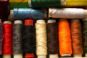 A lot of colored threads close-up