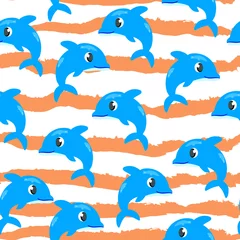 Fototapete Meereswellen nahtloser Musterhintergrund mit Delfinen und Wellen. Konzept für Textil, Karten, Druck, Tapeten, Geschenkpapier