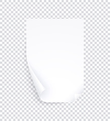 White a4 page with curled corner, empty paper template for book, poster magazine. Vector realistic blank sheet page isolated on transparent background. Abstract document mock up.