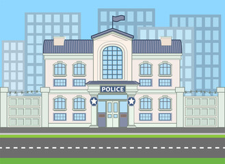 Colored police building near the road with enclosure and city silhouette. Vector illustration in flat style with outlined stroke. City street life banner. Gendarmerie area with protection barrier