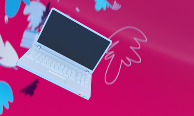 Pink background with laptop soaring in the air.