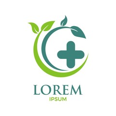 vector illustration of leaves and cross in circle for medical logo design