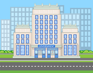 Colored government building near the road with shrubs and skyscrapers silhouette. Vector illustration in flat style with outlined stroke. Street downtown billboard. Municipal modern city life banner.