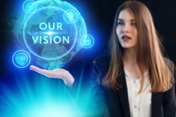 Business, Technology, Internet and network concept. Young businessman working on a virtual screen of the future and sees the inscription: Our vision