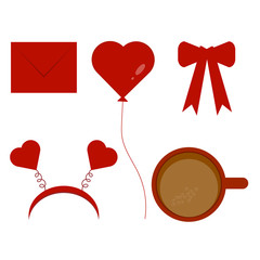 love set and This is envelope, heart, tape, cup coffee, hair hoop. Outline objects isolated on white background. Cute cartoon set. Could be used for Valentine’s Day, holidays decorations and et