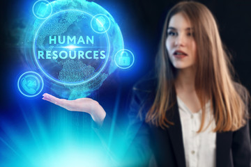 Business, Technology, Internet and network concept. Young businessman working on a virtual screen of the future and sees the inscription: Human resources