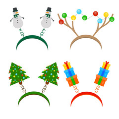 Carnival hoop on the head. For Christmas, festival, party, holidays costume. Attribute of costume. Cartoon headband with gift box, Christmas tree,snowman, deer antlers, snowflakes.